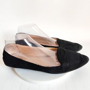 Talbots Suede Penny Loafers 8.5 Driving Flats Black Scalloped Pointed Toe Travel